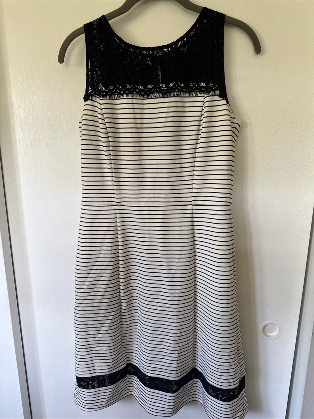 Just...Taylor Black and White Striped Lace Yoke A-Line Dress
